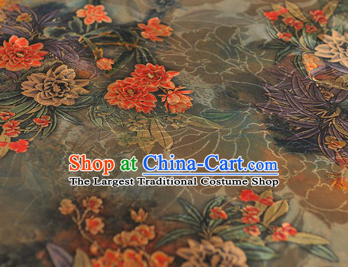 Chinese Classical Flowers Pattern Silk Drapery Traditional Gambiered Guangdong Gauze Cheongsam Light Green Satin Fabric