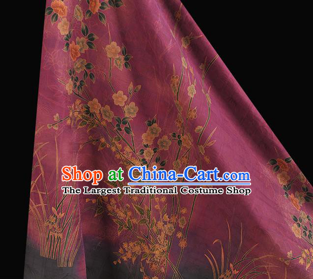 China Cheongsam Cloth Classical Jasmine Pattern Wine Red Silk Fabric Traditional Jacquard Satin