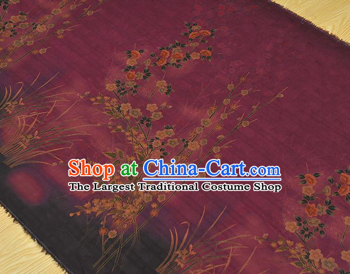 China Cheongsam Cloth Classical Jasmine Pattern Wine Red Silk Fabric Traditional Jacquard Satin