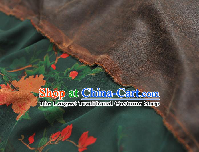 Chinese Green Gambiered Guangdong Gauze Traditional Cheongsam Silk Fabric Classical Begonia Pattern Silk Drapery