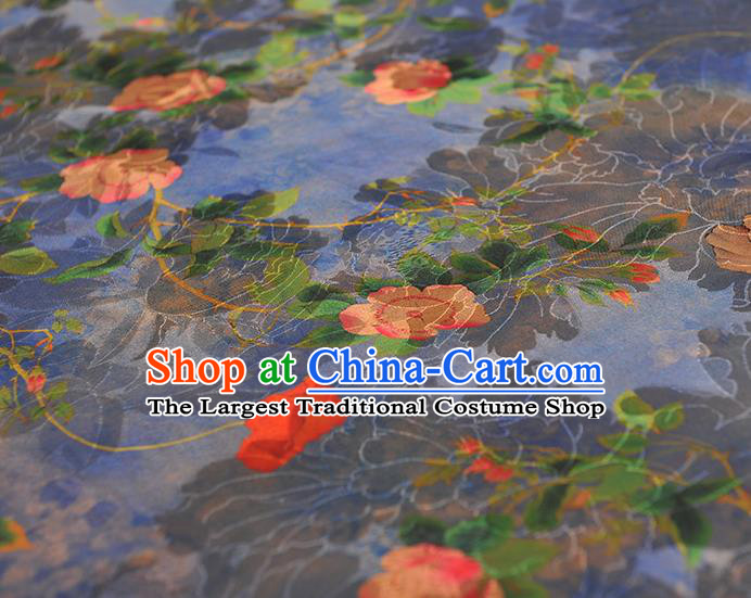 Chinese Classical Peony Pattern Silk Jacquard Drapery Traditional Gambiered Guangdong Gauze Cheongsam Navy Satin Fabric