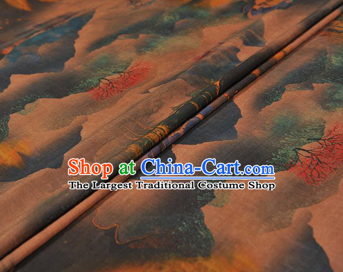 Chinese Classical Landscape Painting Pattern Gambiered Guangdong Gauze Cheongsam Silk Fabric Traditional Navy Silk Drapery