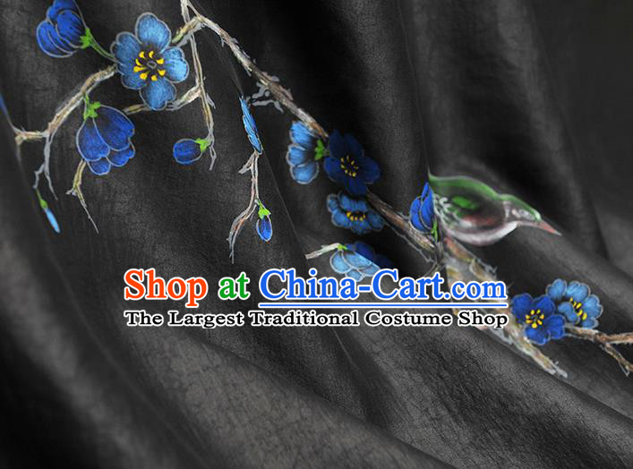 China Classical Printing Plum Bird Pattern Silk Fabric Traditional Black Jacquard Satin Cheongsam Cloth