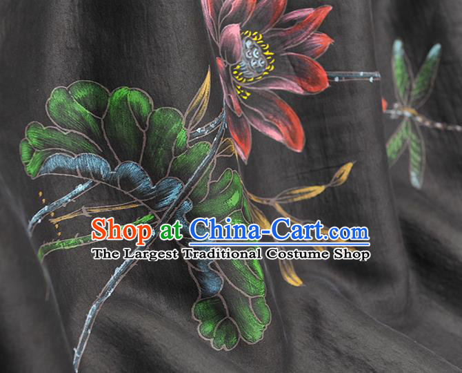 China Traditional Cheongsam Cloth Black Jacquard Satin Classical Printing Lotus Dragonfly Pattern Silk Fabric