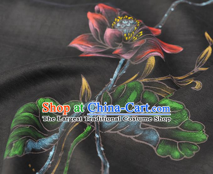 China Traditional Cheongsam Cloth Black Jacquard Satin Classical Printing Lotus Dragonfly Pattern Silk Fabric