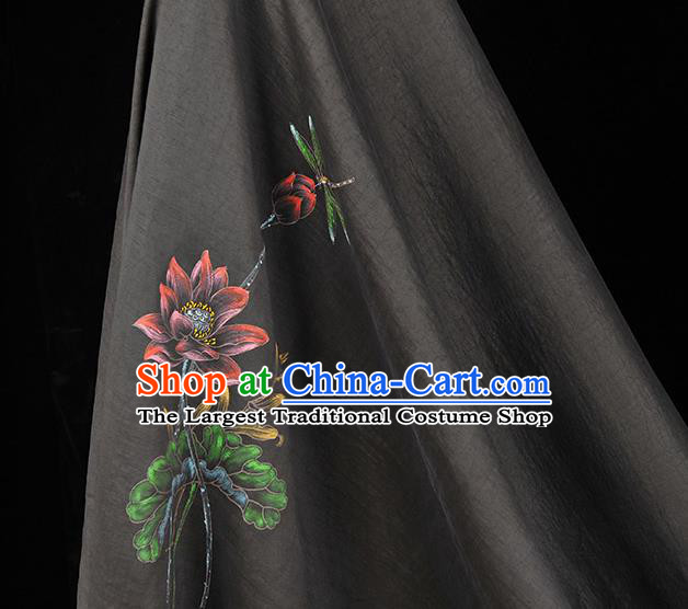 China Traditional Cheongsam Cloth Black Jacquard Satin Classical Printing Lotus Dragonfly Pattern Silk Fabric