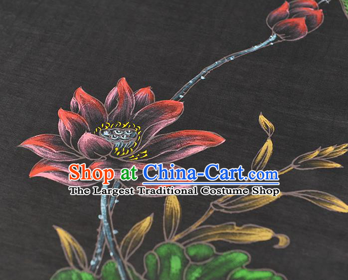China Traditional Cheongsam Cloth Black Jacquard Satin Classical Printing Lotus Dragonfly Pattern Silk Fabric
