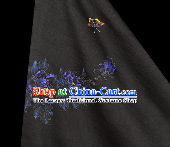China Jacquard Satin Traditional Classical Printing Peony Butterfly Pattern Black Silk Fabric Cheongsam Cloth