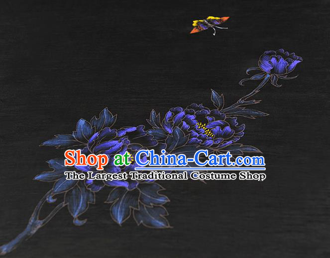China Jacquard Satin Traditional Classical Printing Peony Butterfly Pattern Black Silk Fabric Cheongsam Cloth