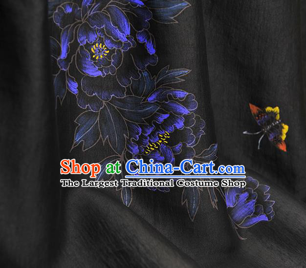 China Jacquard Satin Traditional Classical Printing Peony Butterfly Pattern Black Silk Fabric Cheongsam Cloth