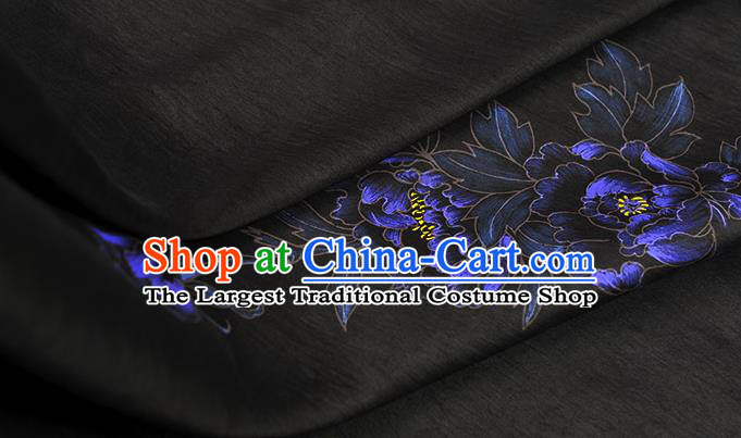China Jacquard Satin Traditional Classical Printing Peony Butterfly Pattern Black Silk Fabric Cheongsam Cloth