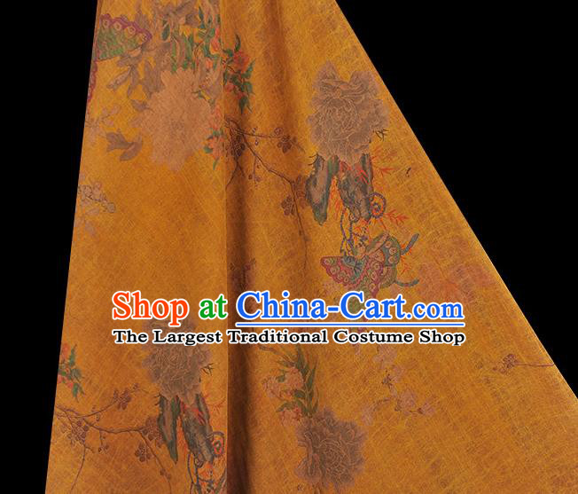 Chinese Traditional Yellow Silk Drapery Classical Peony Butterfly Pattern Gambiered Guangdong Gauze Cheongsam Cloth Fabric