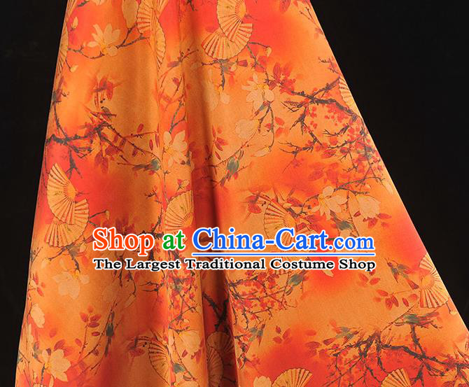 Chinese Cheongsam Orange Cloth Fabric Traditional Classical Mangnolia Fan Pattern Gambiered Guangdong Gauze Silk Drapery