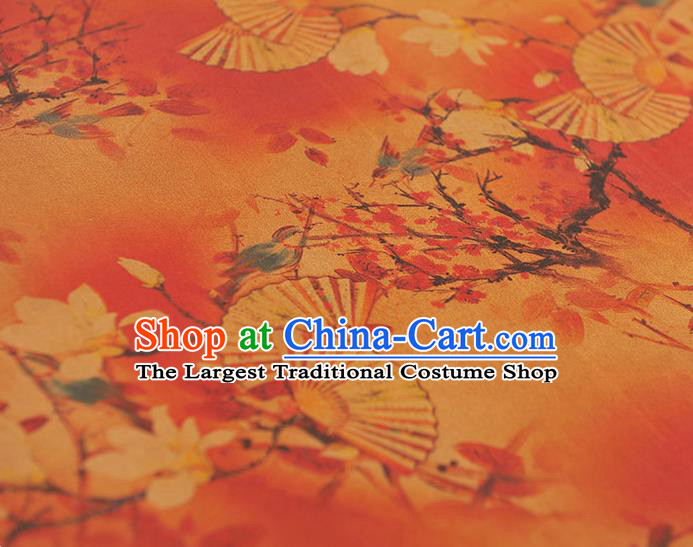 Chinese Cheongsam Orange Cloth Fabric Traditional Classical Mangnolia Fan Pattern Gambiered Guangdong Gauze Silk Drapery