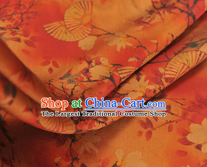 Chinese Cheongsam Orange Cloth Fabric Traditional Classical Mangnolia Fan Pattern Gambiered Guangdong Gauze Silk Drapery