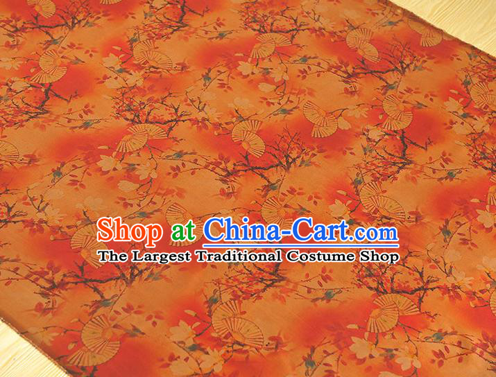 Chinese Cheongsam Orange Cloth Fabric Traditional Classical Mangnolia Fan Pattern Gambiered Guangdong Gauze Silk Drapery