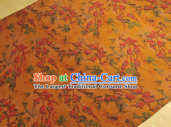 Chinese Traditional Classical Plum Pattern Orange Satin Silk Drapery Cheongsam Green Cloth Fabric Gambiered Guangdong Gauze