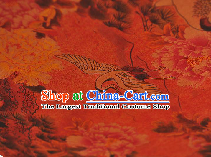 Chinese Red Gambiered Guangdong Gauze Traditional Silk Drapery Cheongsam Cloth Fabric Classical Crane Peony Pattern Satin