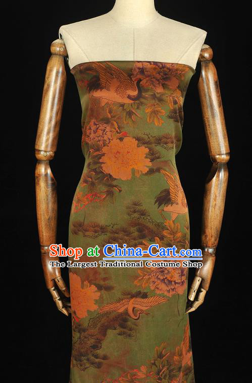 Chinese Green Gambiered Guangdong Gauze Cheongsam Cloth Fabric Classical Crane Peony Pattern Satin Traditional Silk Drapery