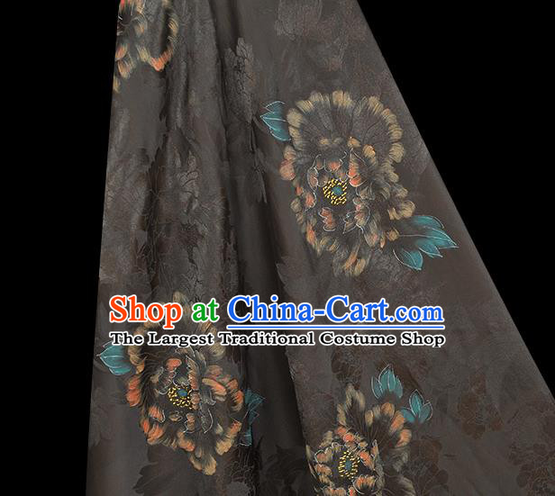 Chinese Black Gambiered Guangdong Gauze Traditional Silk Drapery Cheongsam Cloth Fabric Classical Peony Pattern Satin