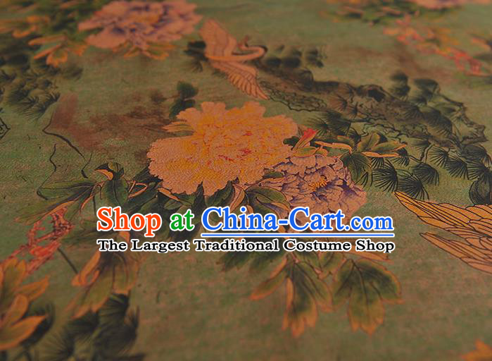 Chinese Classical Crane Peony Pattern Satin Gambiered Guangdong Gauze Cheongsam Cloth Fabric Traditional Green Silk Drapery