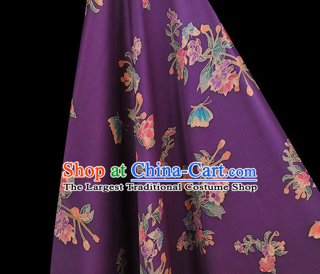 Chinese Classical Butterfly Flowers Pattern Jacquard Satin Traditional Cheongsam Cloth Silk Fabric Purple Gambiered Guangdong Gauze