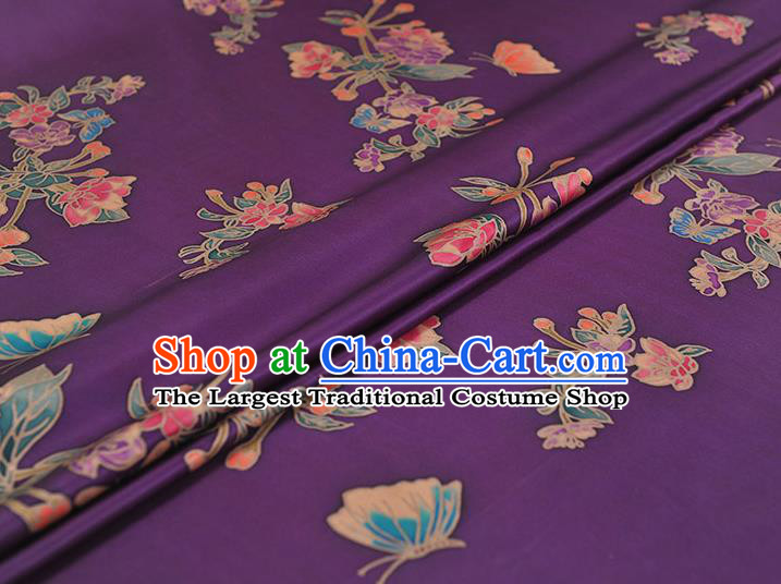 Chinese Classical Butterfly Flowers Pattern Jacquard Satin Traditional Cheongsam Cloth Silk Fabric Purple Gambiered Guangdong Gauze