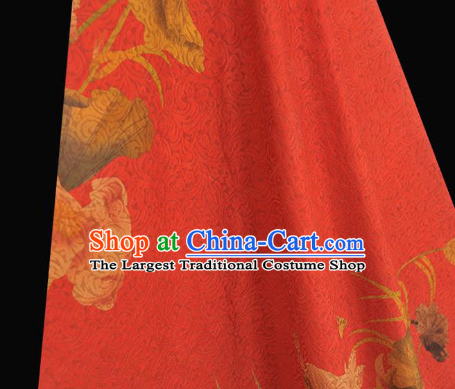Chinese Traditional Cheongsam Cloth Silk Fabric Classical Lotus Pattern Jacquard Satin Red Gambiered Guangdong Gauze