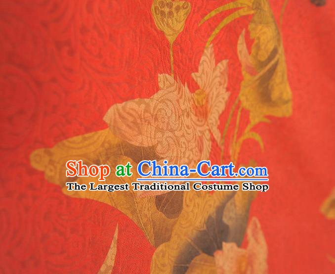 Chinese Traditional Cheongsam Cloth Silk Fabric Classical Lotus Pattern Jacquard Satin Red Gambiered Guangdong Gauze