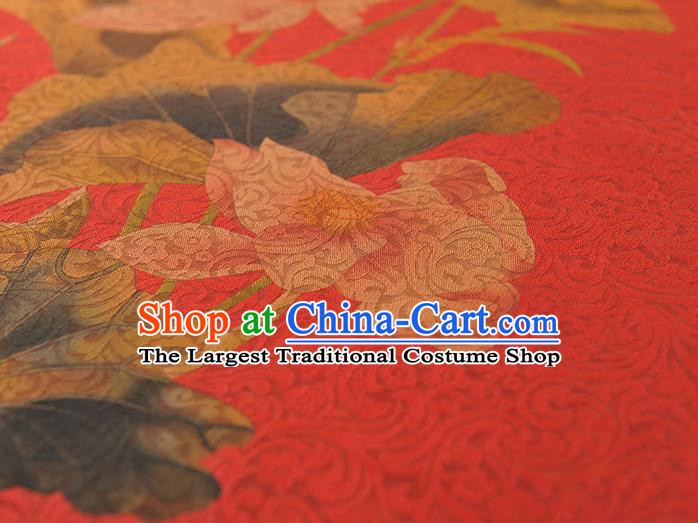 Chinese Traditional Cheongsam Cloth Silk Fabric Classical Lotus Pattern Jacquard Satin Red Gambiered Guangdong Gauze