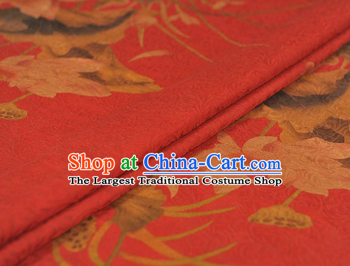 Chinese Traditional Cheongsam Cloth Silk Fabric Classical Lotus Pattern Jacquard Satin Red Gambiered Guangdong Gauze