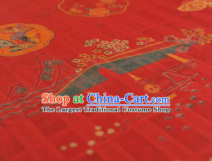 Chinese Traditional Red Gambiered Guangdong Gauze Cheongsam Cloth Classical Bridge Flowers Pattern Silk Fabric