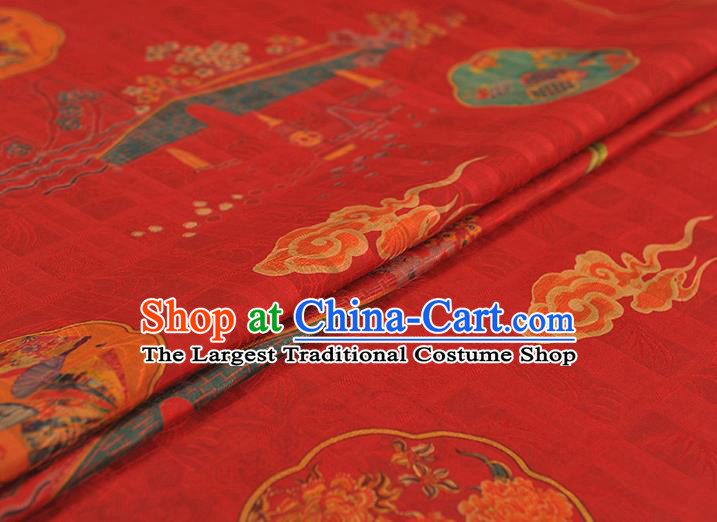Chinese Traditional Red Gambiered Guangdong Gauze Cheongsam Cloth Classical Bridge Flowers Pattern Silk Fabric