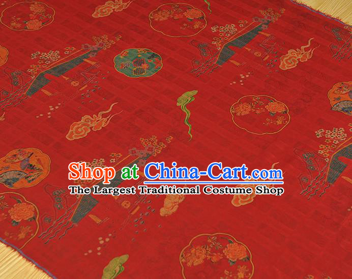 Chinese Traditional Red Gambiered Guangdong Gauze Cheongsam Cloth Classical Bridge Flowers Pattern Silk Fabric