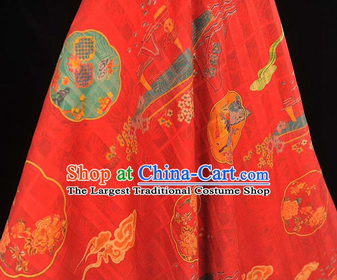Chinese Traditional Red Gambiered Guangdong Gauze Cheongsam Cloth Classical Bridge Flowers Pattern Silk Fabric
