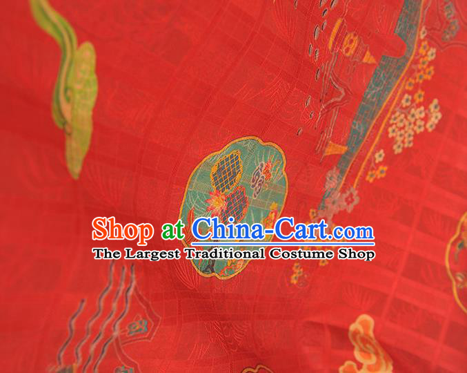 Chinese Traditional Red Gambiered Guangdong Gauze Cheongsam Cloth Classical Bridge Flowers Pattern Silk Fabric