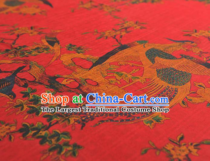 Chinese Classical Begonia Birds Pattern Red Silk Fabric Traditional Gambiered Guangdong Gauze Cheongsam Cloth