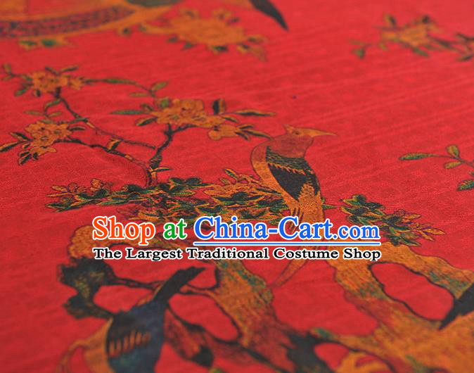 Chinese Classical Begonia Birds Pattern Red Silk Fabric Traditional Gambiered Guangdong Gauze Cheongsam Cloth