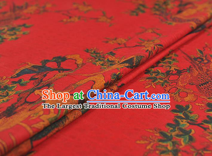 Chinese Classical Begonia Birds Pattern Red Silk Fabric Traditional Gambiered Guangdong Gauze Cheongsam Cloth
