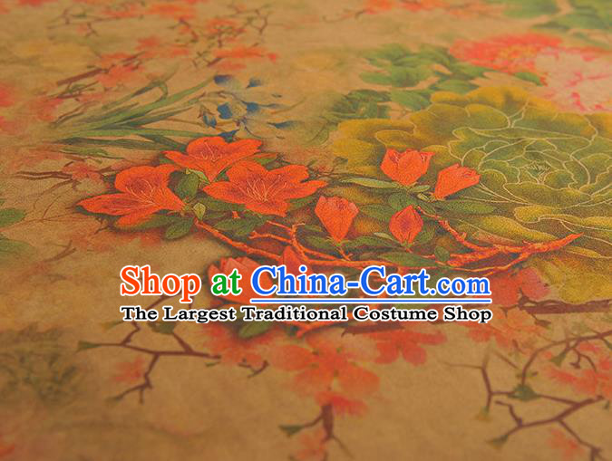 Chinese Silk Fabric Classical Peony Pattern Gambiered Guangdong Gauze Traditional Cheongsam Ginger Cloth