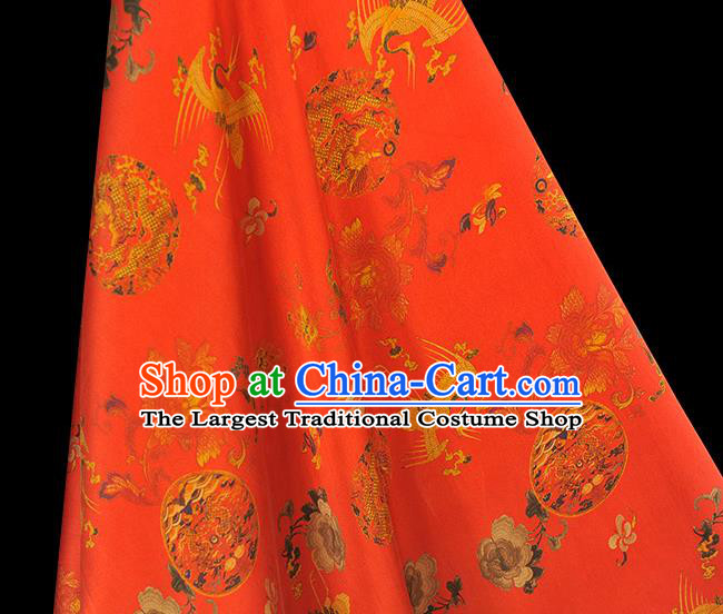 Chinese Red Gambiered Guangdong Gauze Classical Crane Dragon Pattern Silk Fabric Traditional Cheongsam Satin Cloth