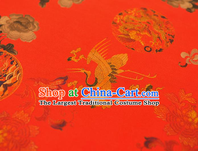 Chinese Red Gambiered Guangdong Gauze Classical Crane Dragon Pattern Silk Fabric Traditional Cheongsam Satin Cloth