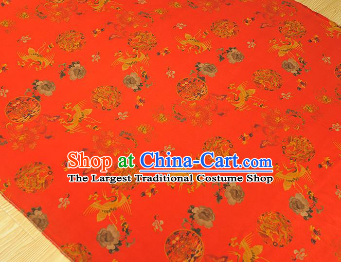 Chinese Red Gambiered Guangdong Gauze Classical Crane Dragon Pattern Silk Fabric Traditional Cheongsam Satin Cloth
