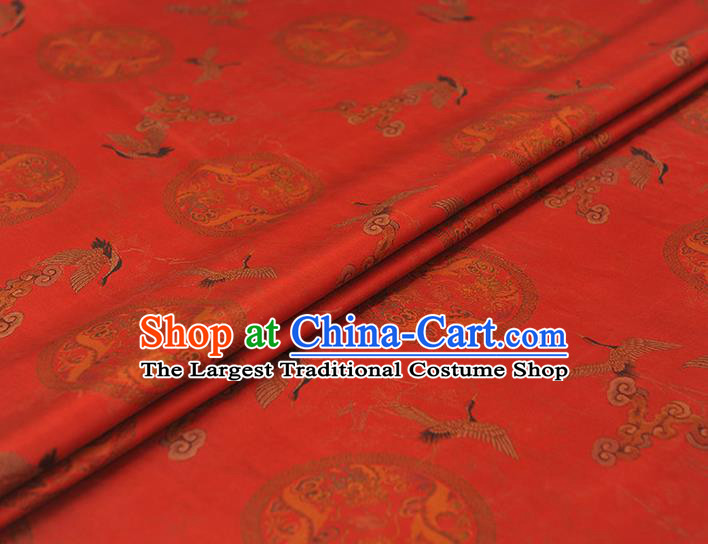 Chinese Classical Cloud Crane Pattern Silk Fabric Traditional Cheongsam Satin Cloth Red Gambiered Guangdong Gauze