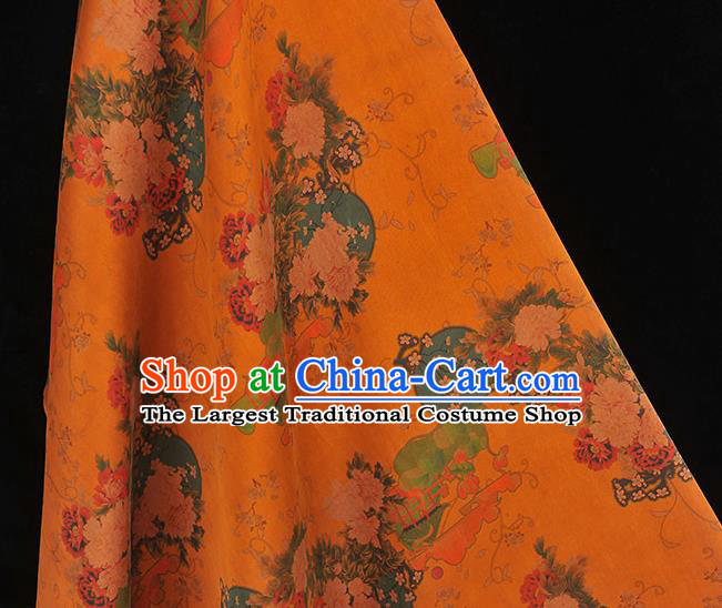 Chinese Orange Gambiered Guangdong Gauze Traditional Cheongsam Satin Cloth Classical Peony Plum Pattern Silk Fabric