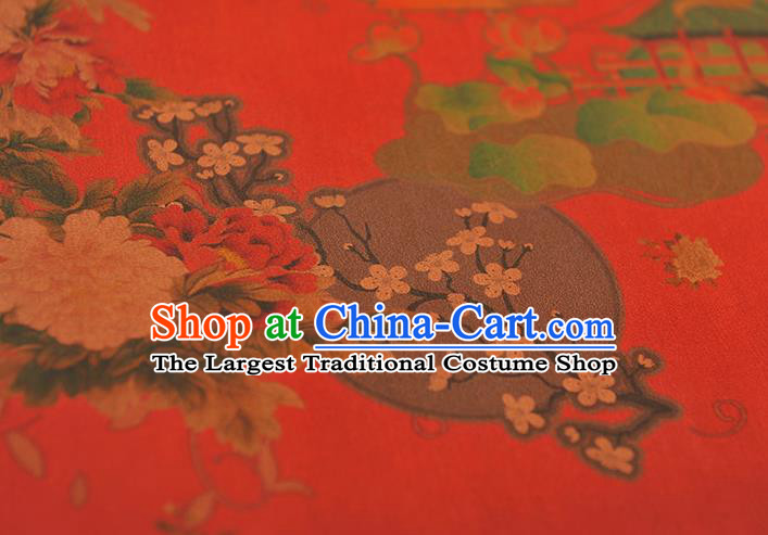 Chinese Traditional Cheongsam Satin Cloth Classical Peony Plum Pattern Silk Fabric Red Gambiered Guangdong Gauze