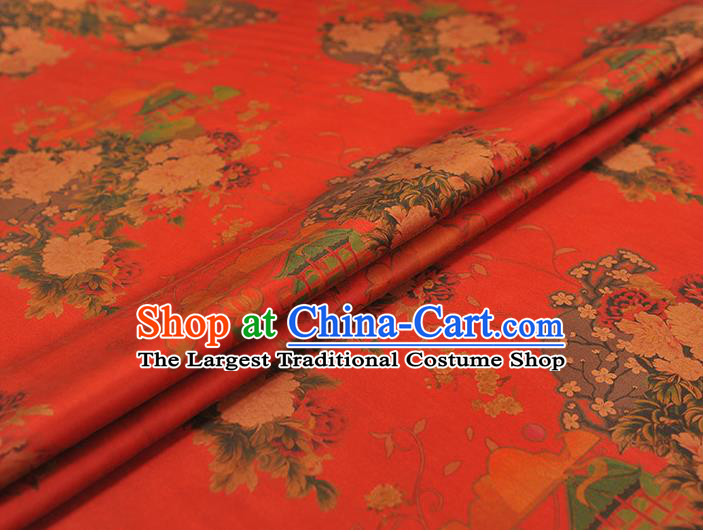 Chinese Traditional Cheongsam Satin Cloth Classical Peony Plum Pattern Silk Fabric Red Gambiered Guangdong Gauze