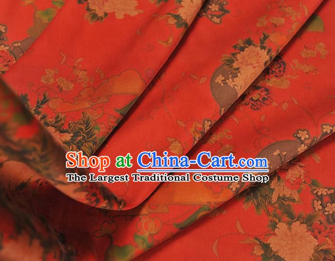 Chinese Traditional Cheongsam Satin Cloth Classical Peony Plum Pattern Silk Fabric Red Gambiered Guangdong Gauze