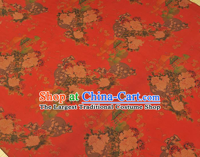 Chinese Traditional Cheongsam Satin Cloth Classical Peony Plum Pattern Silk Fabric Red Gambiered Guangdong Gauze