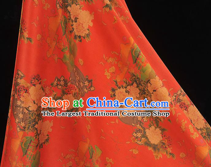 Chinese Traditional Cheongsam Satin Cloth Classical Peony Plum Pattern Silk Fabric Red Gambiered Guangdong Gauze